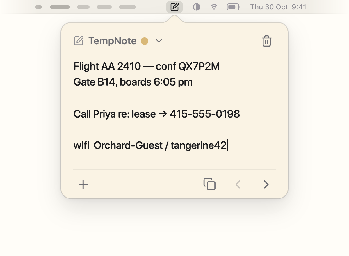 TempNote for Mac — a sand-coloured note hanging from the menu bar, holding a flight confirmation, a phone number and a Wi-Fi password