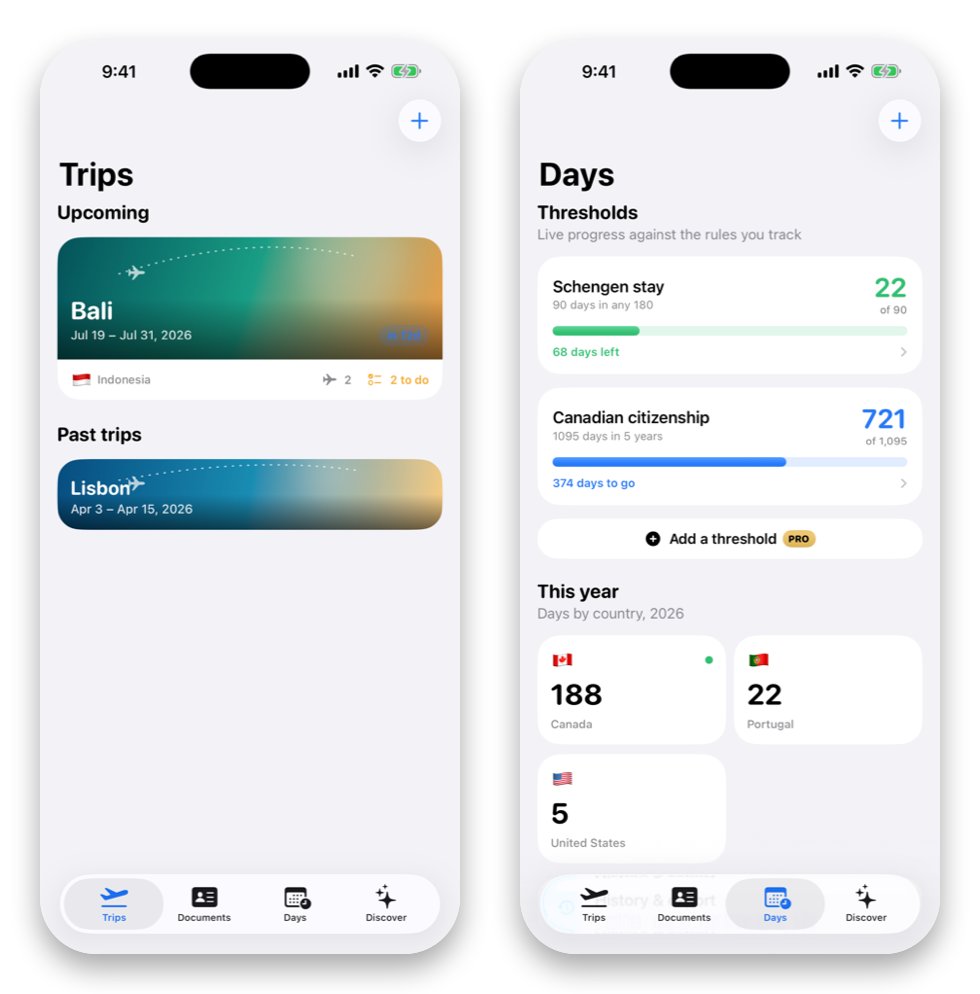 TripWallet for iPhone — trips with entry requirements and an immigration day counter with Schengen progress